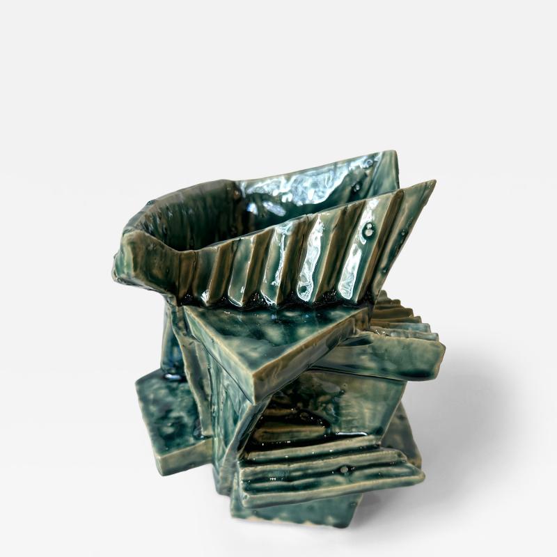 Cubist vessel in forest glaze by R A Pesce 2025