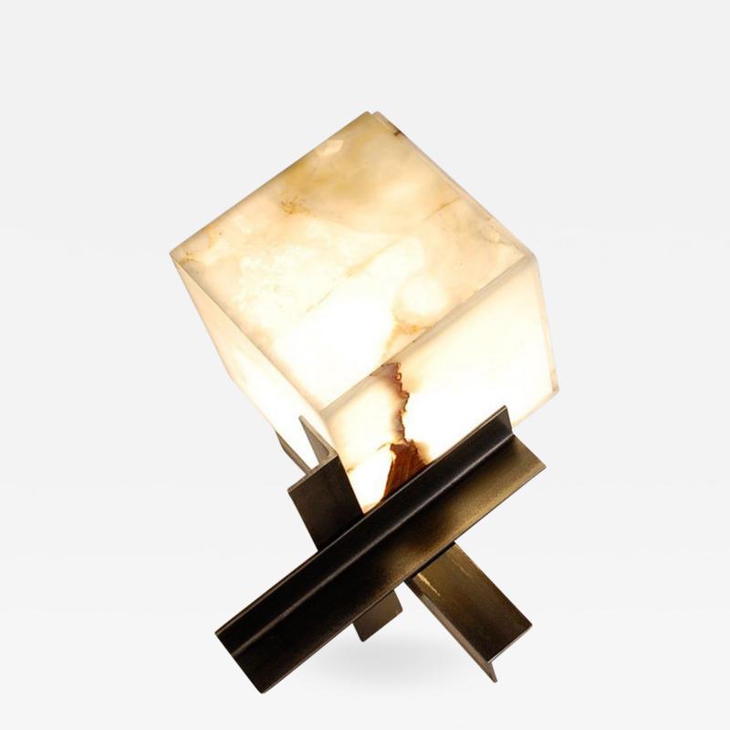 Cubyx Sculptural Onyx and Blackened Steel Lamp