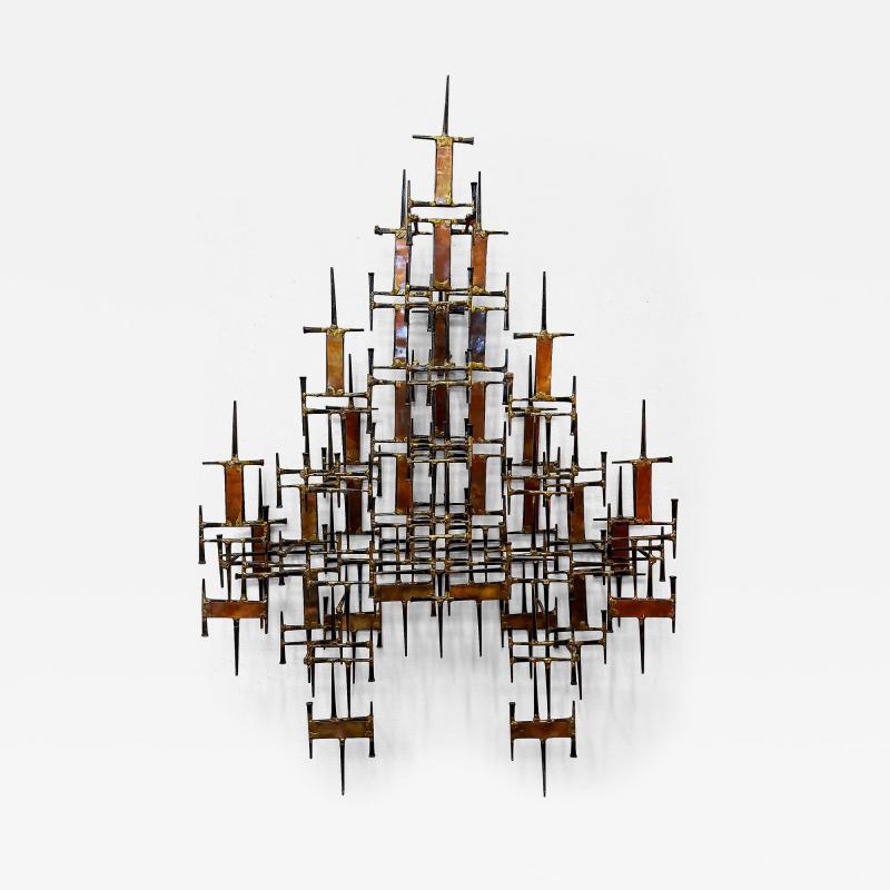 Curtis Jer Large Mid century Modern Iron Brass Brutalist Wall Sculpture Jere Style