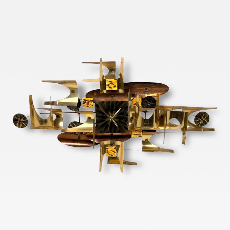 Curtis Jer MID CENTURY BRUTALIST MIXED METALS ENAMEL SCULPTURAL WALL CLOCK