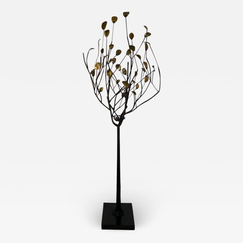 Curtis Jer MODERN BRASS LEAF AND METAL TREE WITH BIRDS NEST ON MARBLE BASE