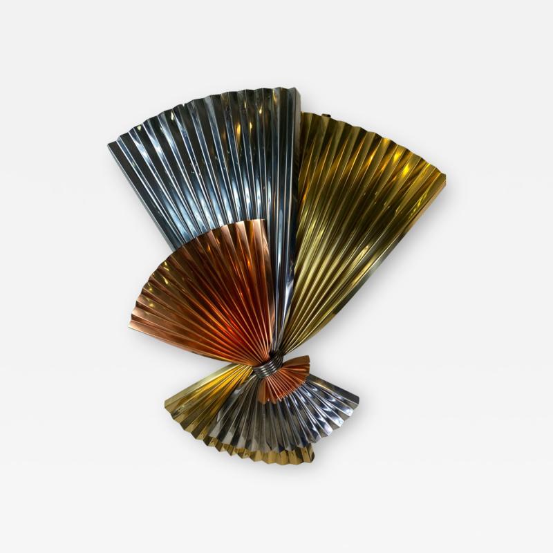 Curtis Jer MODERNIST TRICOLOR METAL FAN WALL SCULPTURE BY CURTIS JERE