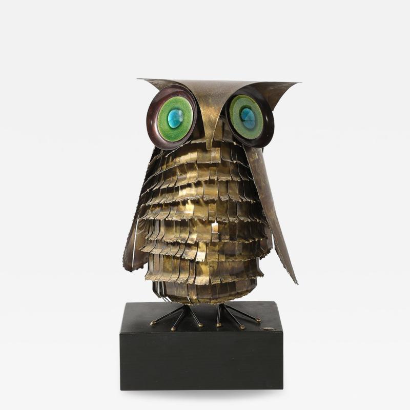 Curtis Jer Mid Century Antiqued Brass Glass Owl Sculpture signed Curtis Jere