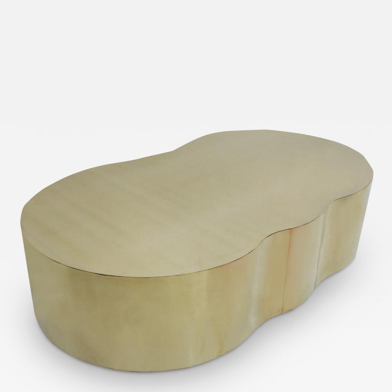 Curved Coffee Table with Wooden Structure Covered in Brass