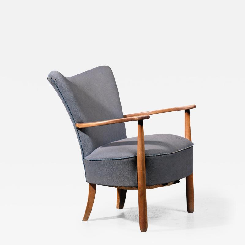 Curved Easy Chair with Nutwood Frame and Greyish Blue Wool