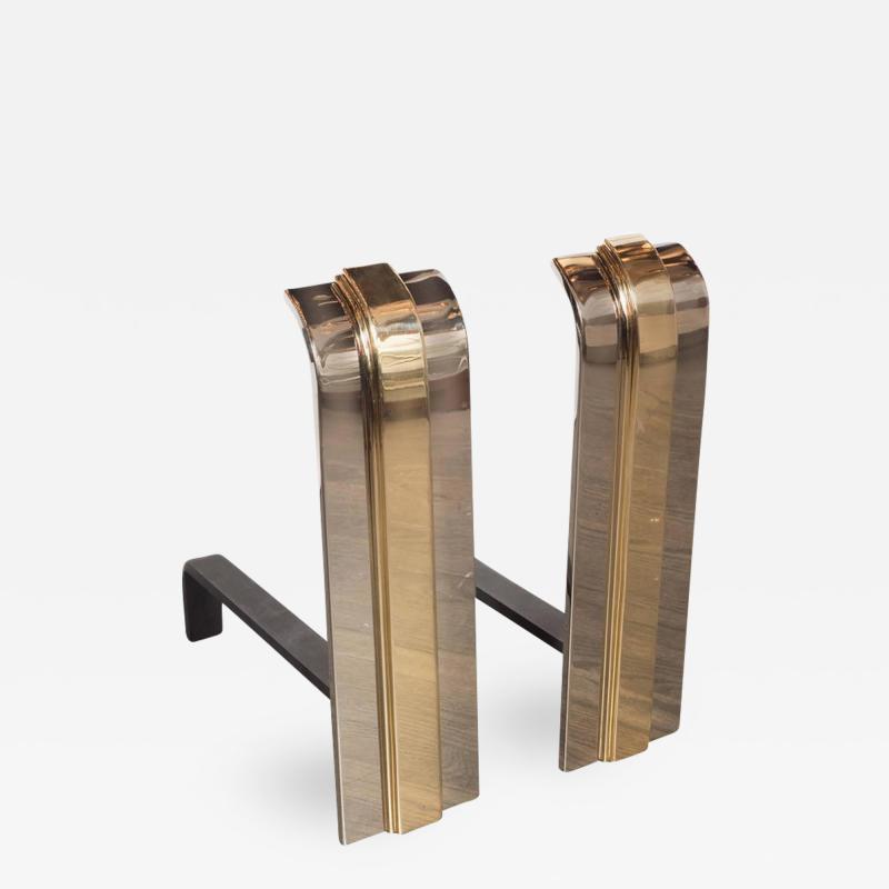 Custom Art Deco Style Skyscraper Andirons Displayed in Polished Brass and Nickel