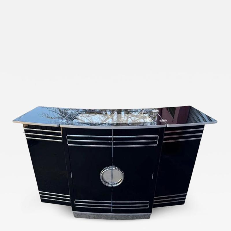 Custom Art Deco Yacht Bar in Black Lacquer and Chrome