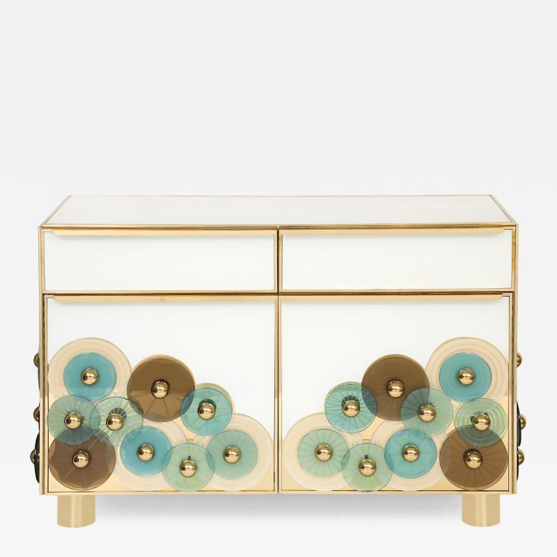 Custom Brass and Ivory Glass with Glass Discs Cabinets Italy Pair Available