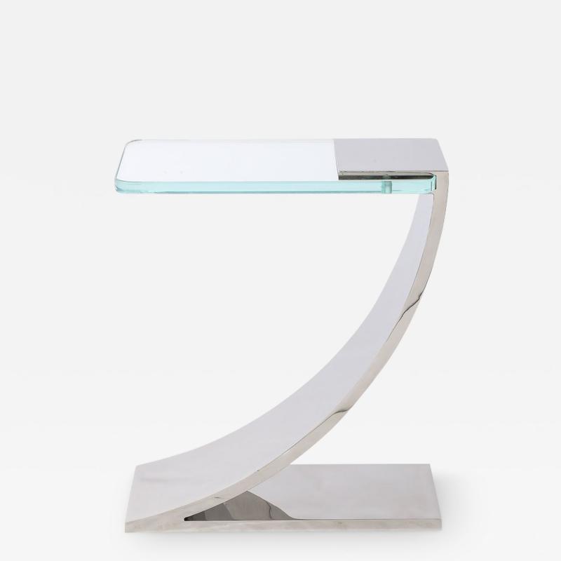 Custom Cantilevered Side Table W Starfire Glass Top in Polished Nickel