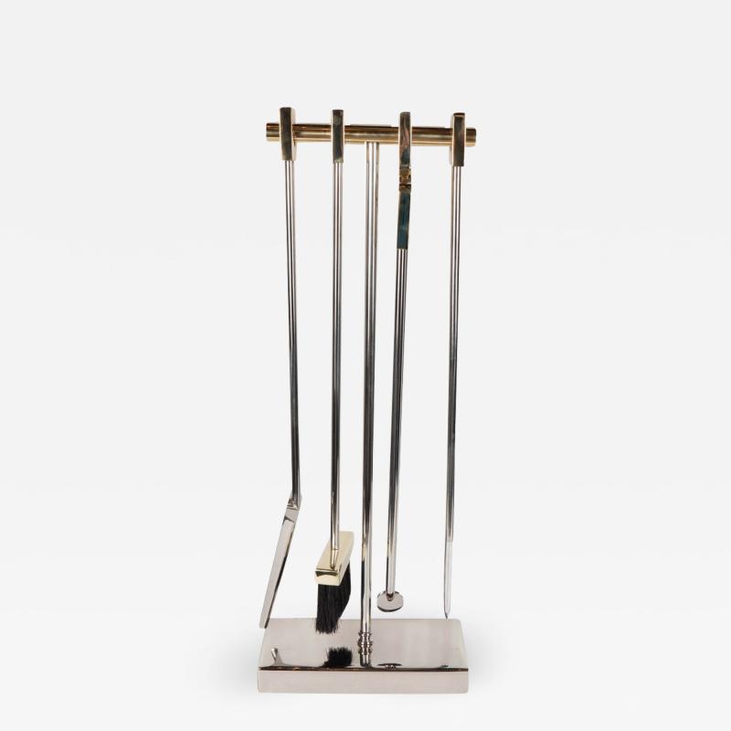 Custom Four Piece Fire Tool Set in Polished Nickel and Polished Brass Handles