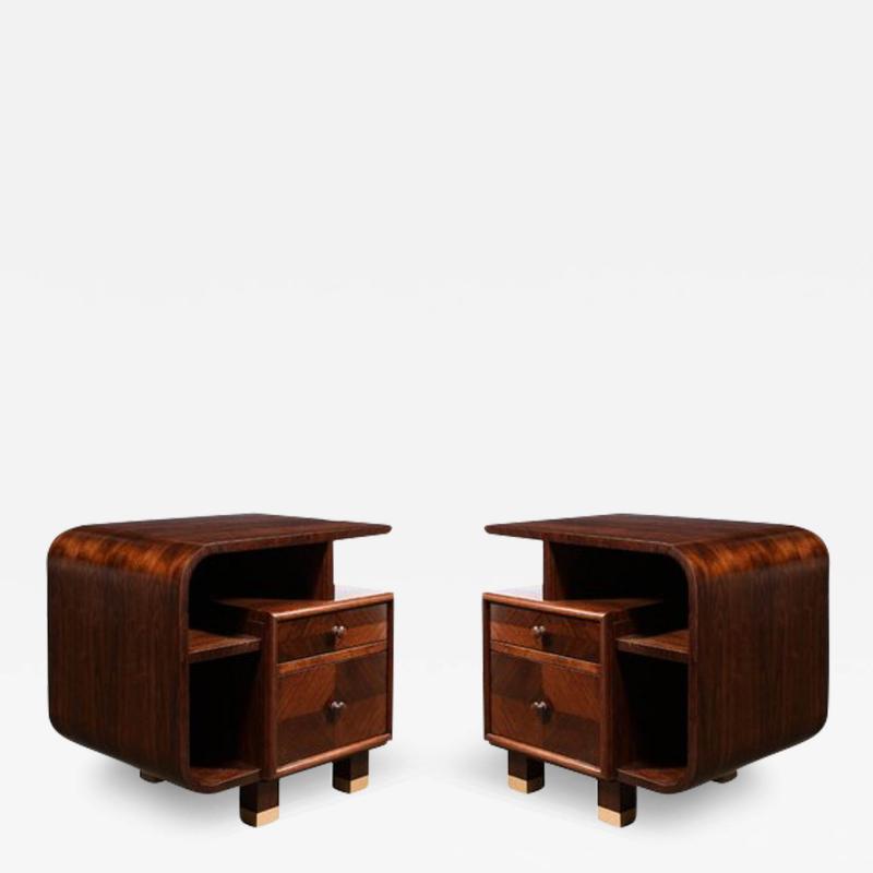 Custom High Style Art Deco Style Bookmatched Walnut Nightstands w Brass Sabots