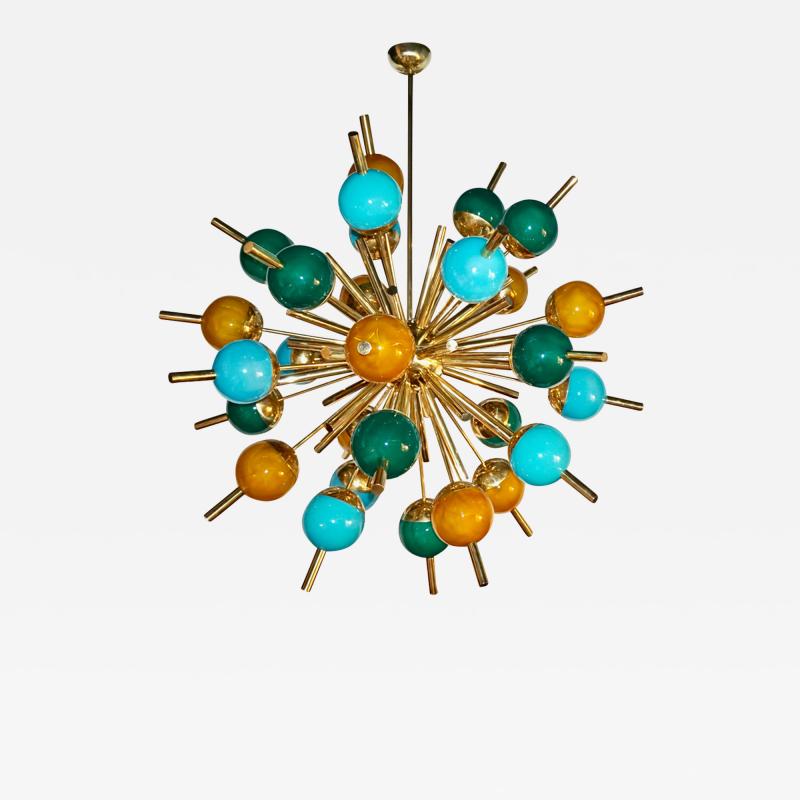 Custom Italian Green Turquoise Gold Murano Glass Brass Sputnik Globe Chandelier