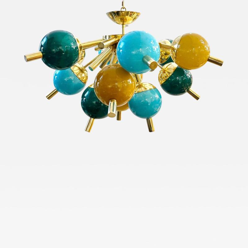 Custom Italian Green Turquoise Gold Murano Glass Brass Sputnik Globe Flushmount