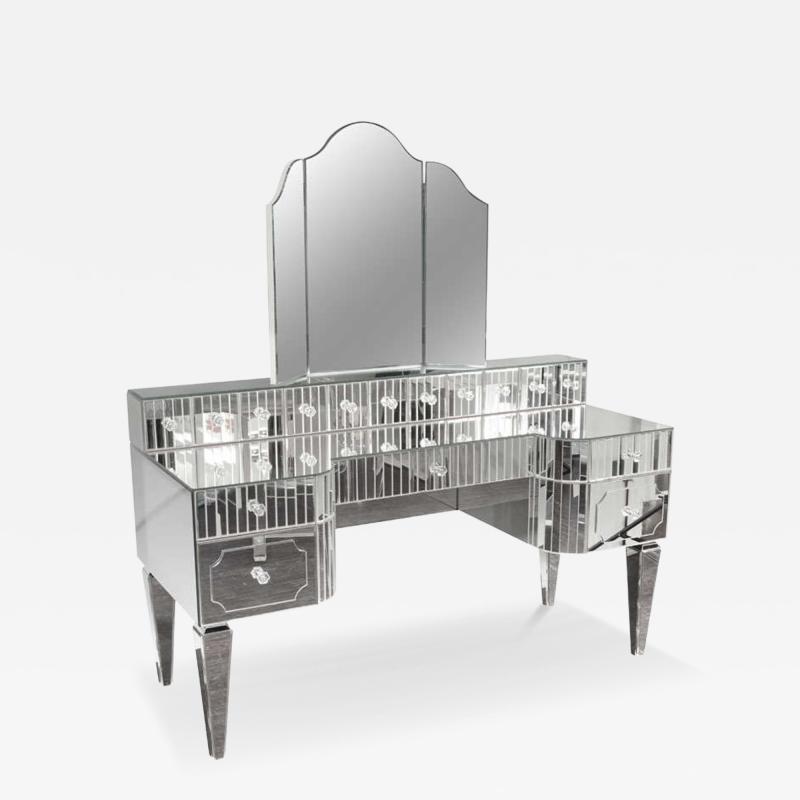 Custom Mirrored Vanity with Triptych Mirror and Baguette Details