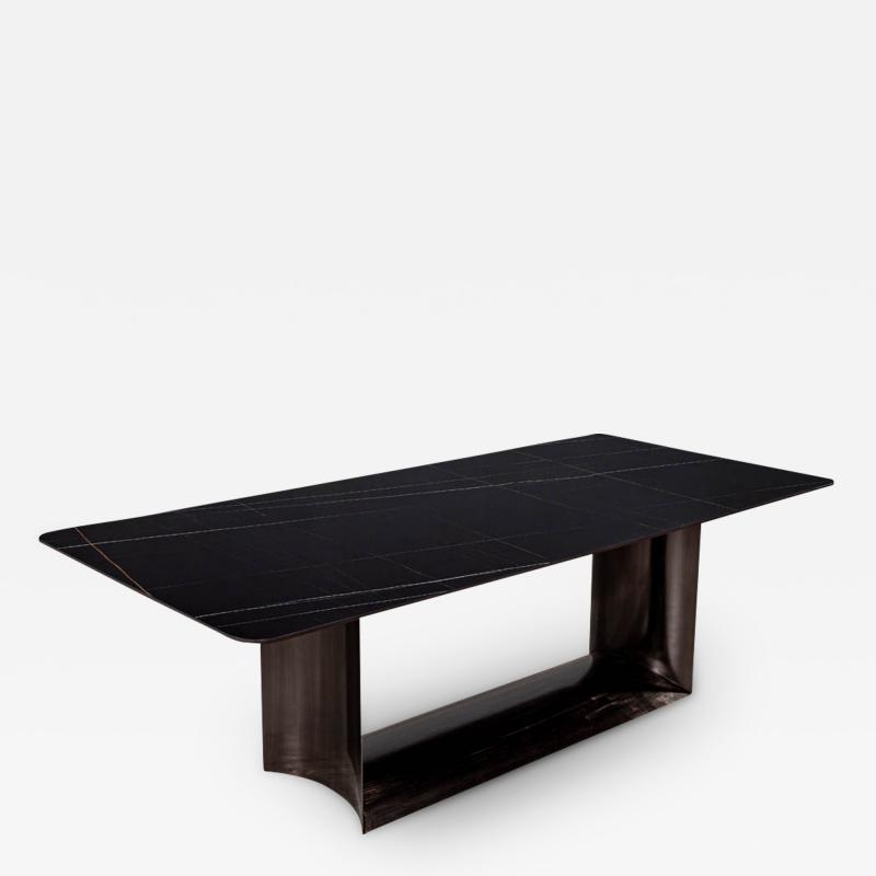 Custom Modern Porcelain Top Dining Table Curved Metal Pedestal