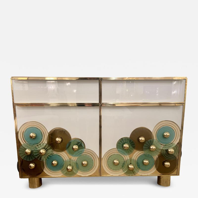 Custom Pair of Brass and Ivory Murano Glass with Glass Discs Cabinets Italy