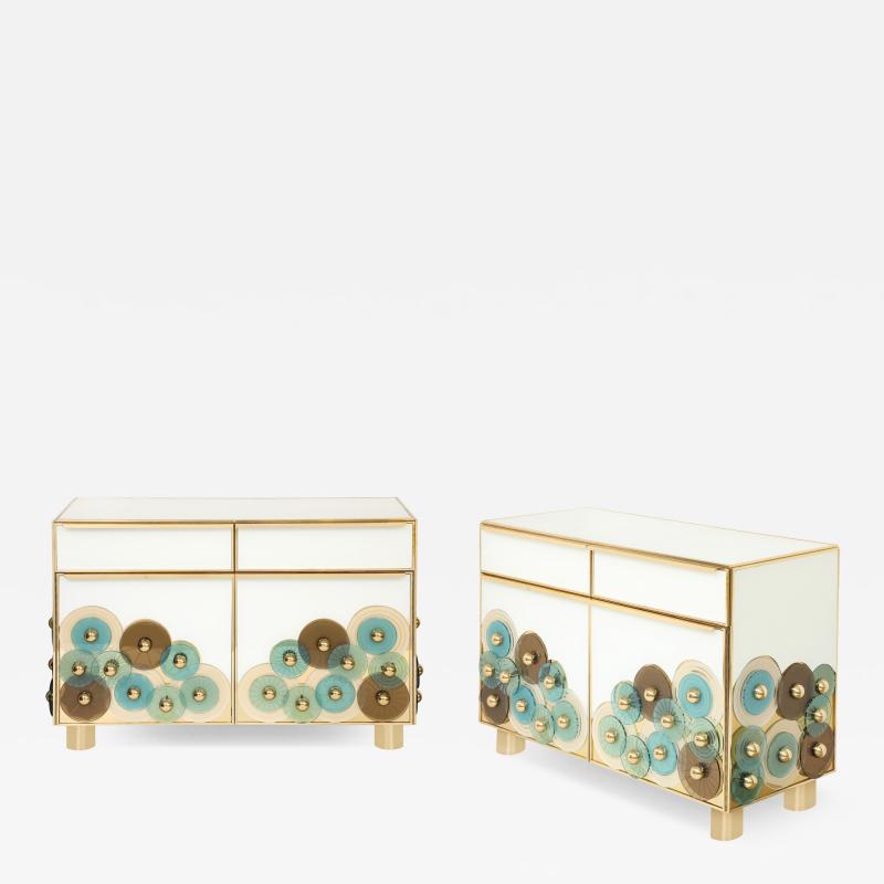 Custom Pair of Brass and Ivory Murano Glass with Glass Discs Cabinets Italy