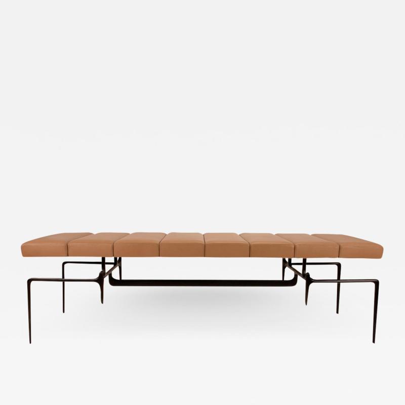 Custom Patinated Cast Steel Bench With Leather Upholstery