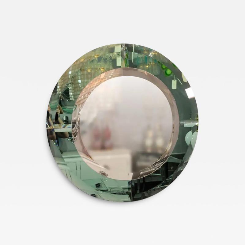 Custom Round Mirror with Green Glass Border in the Manner of Karl Springer