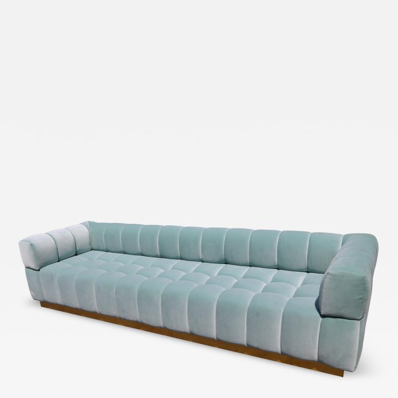 Custom Tufted Aqua Blue Velvet Sofa with Brass Base