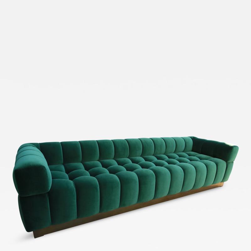 Custom Tufted Green Velvet Sofa with Brass Base