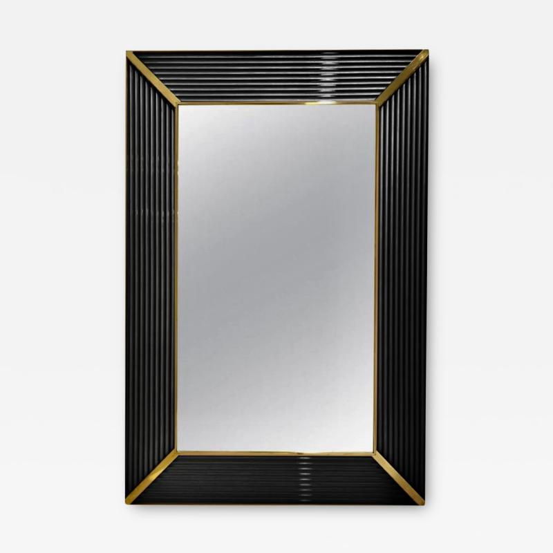 Customizable Italian Art Deco Design Iridescent Black Murano Glass Brass Mirror