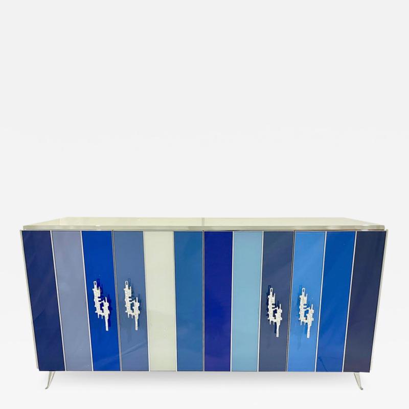 Customizable Italian Post Modern Blue Grey White Glass Nickel Cabinet Sideboard