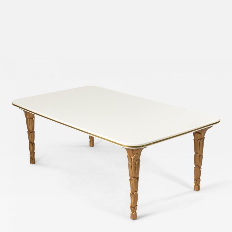 Customizable Regency Style Glass and Brass Palm Shaped Leg Coffee Table