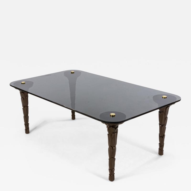 Customizable Regency Style Smoked Glass and Palm Design Leg Coffee Table