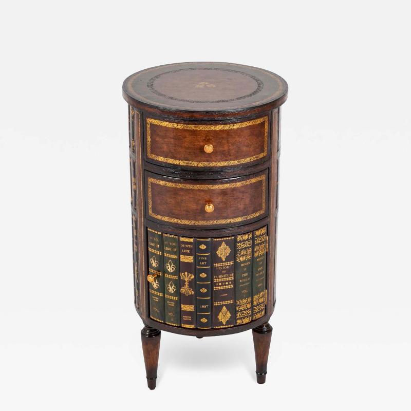 Cylinder Form Leather Faced Side Table with Faux Book Bindings on Drawers