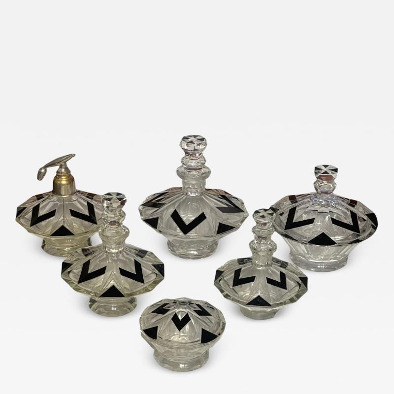 Czech Art Deco Cut Crystal and Black Enamel Vanity Set