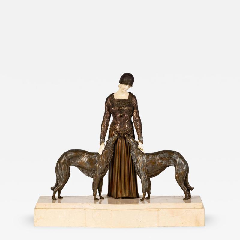 D Chiparus French Art Deco Bronze Figurine Borzoi Dogs Statue