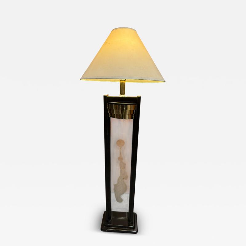 DECO REVIVAL BLACK LACQUER ILLUMINATED ETCHED NUDE ON GLASS PANEL FLOOR LAMP