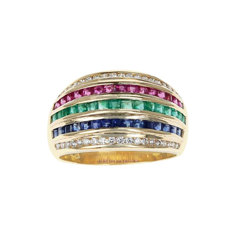 DIAMOND BLUE SAPPHIRE EMERALD RUBY FIVE ROW INVISIBLY SET COCKTAIL RING 18K