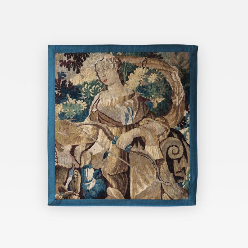 DIANA AND HER BOW AUBUSSON TAPESTRY FRAGMENT MID 18TH CENTURY