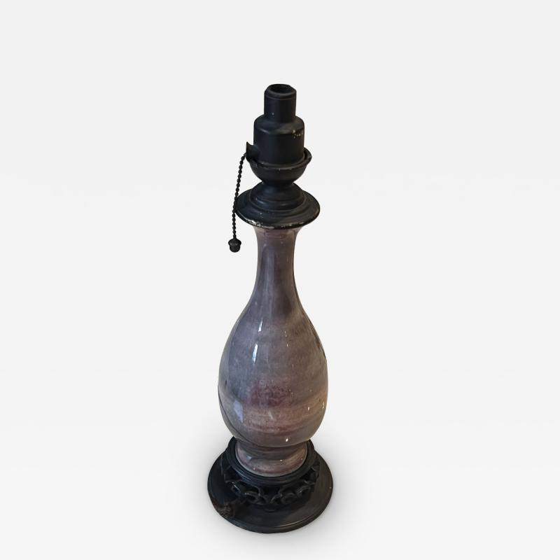 DIMUNITIVE ASIAN POTTERY LAMP WITH WOOD AND BRONZE BASE