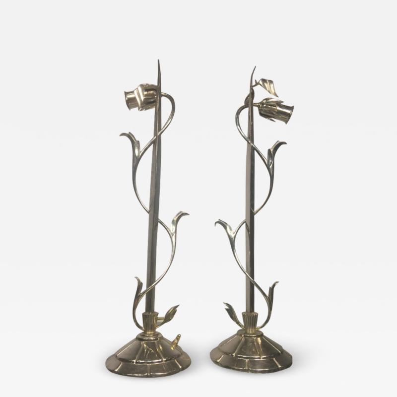 Dagobert Peche AUSTRIAN MODERNIST NICKELED BRONZE FLOWER WITH LEAVES AND TENDRILS LAMPS