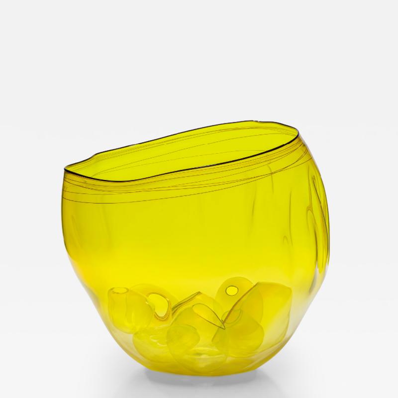 Dale Chihuly Fire Yellow Basket Set with Oxblood Lip Wraps 2013