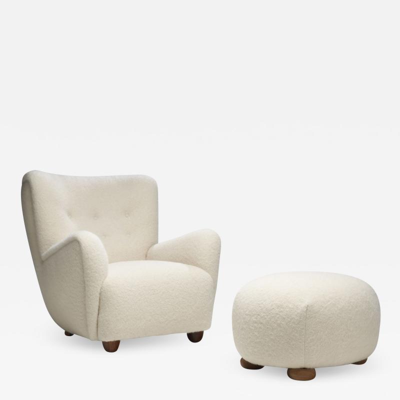 Danish Armchair and Ottoman with Wooden Bun Legs Denmark 1940s