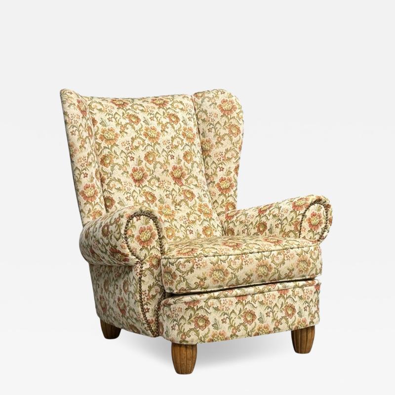 Danish Cabinetmaker Large Wingback Chair Floral Fabric Wood Denmark 1950s