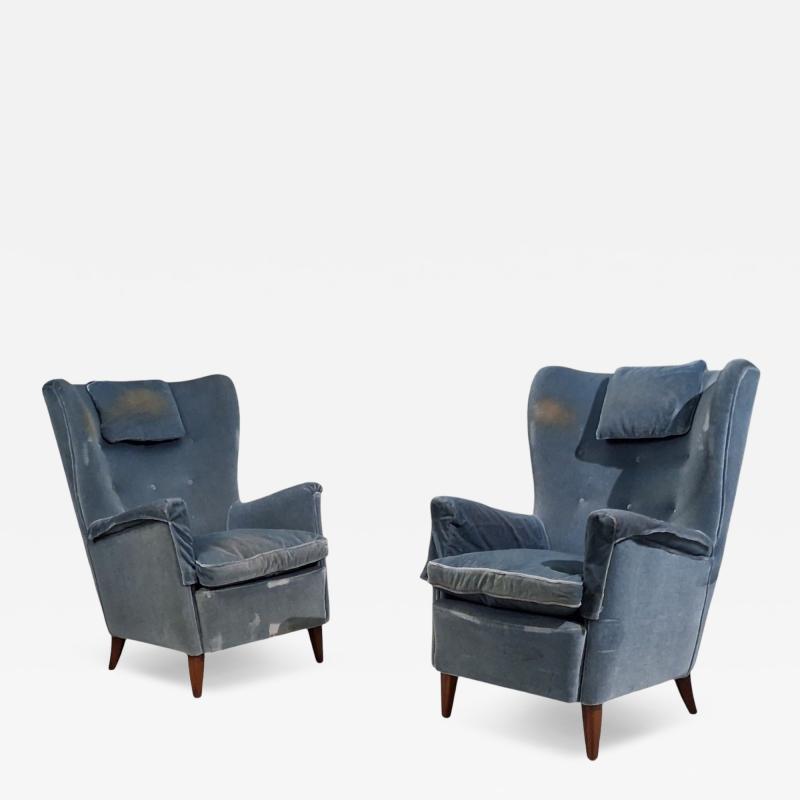 Danish Cabinetmaker Lounge Chairs Blue Velvet Stained Wood Denmark 1950s