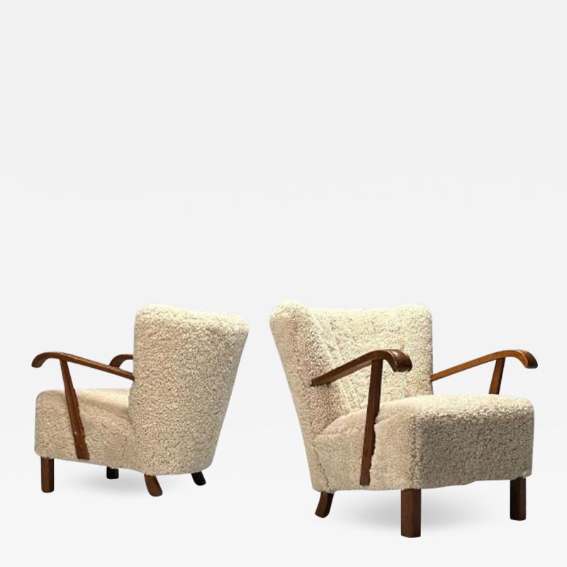 Danish Cabinetmaker Mid Century Modern Lounge Chairs Shearling Beech 1940s