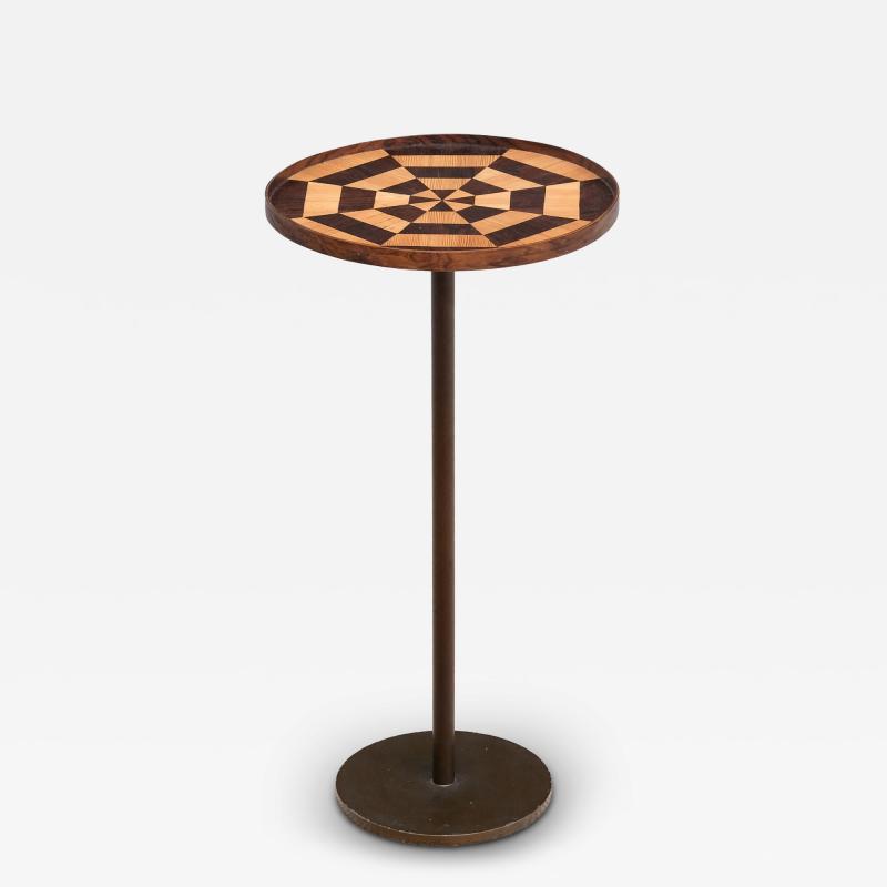 Danish Cabinetmaker Pedestal Table with Radial Marquetry Top Bronze circa 1950