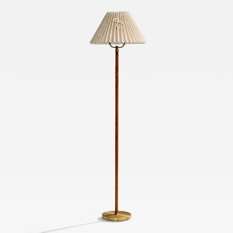 Danish Designer Floor Lamp with Brass Leather and Fabric Denmark 1940s