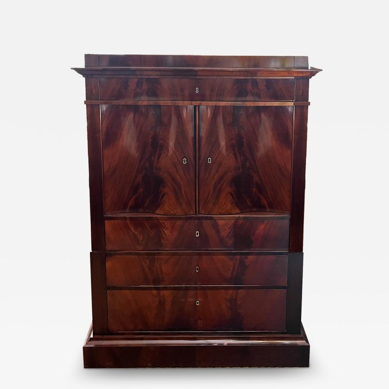 Danish Empire Tall Chest of Drawers in Book Matched Flame Mahogany Veneer