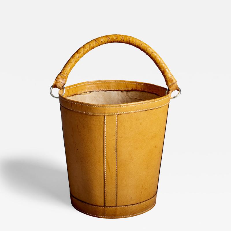 Danish Leather Paper Basket with Handle 1960s