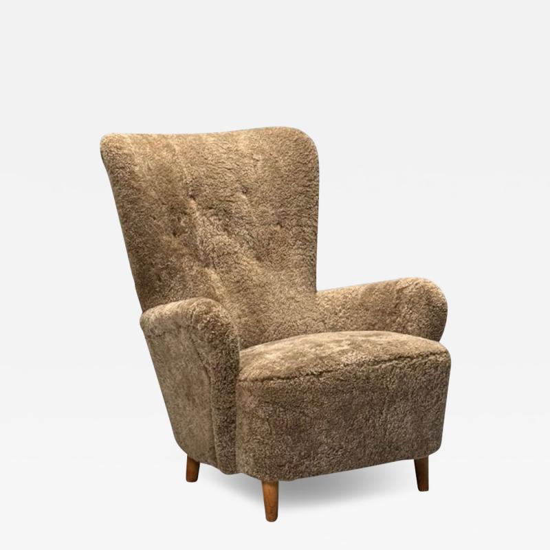 Danish Mid Century Modern Highback Lounge Chair Sahara Shearling Beech