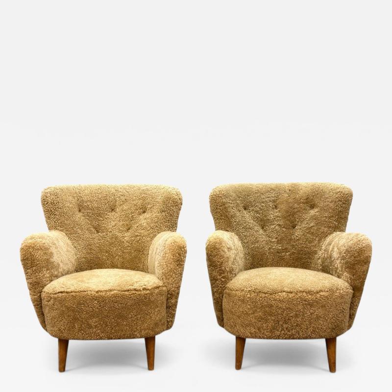 Danish Modern Honey Sheepskin Beech Organic Lounge Chairs Denmark 1940s