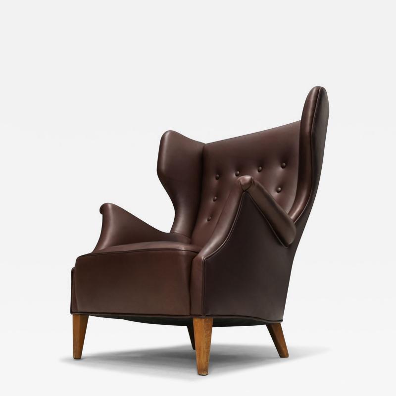 Danish Modern Leather Wingback Lounge Chair Denmark circa 1940s