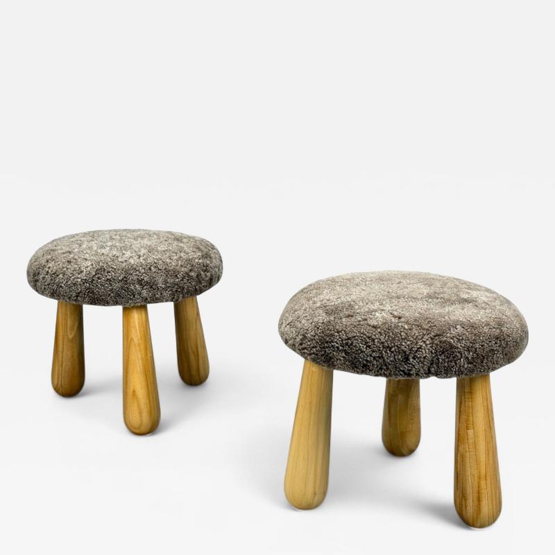 Danish Modern Style Brown Sheepskin Maple Shearling Footstools 21st c 